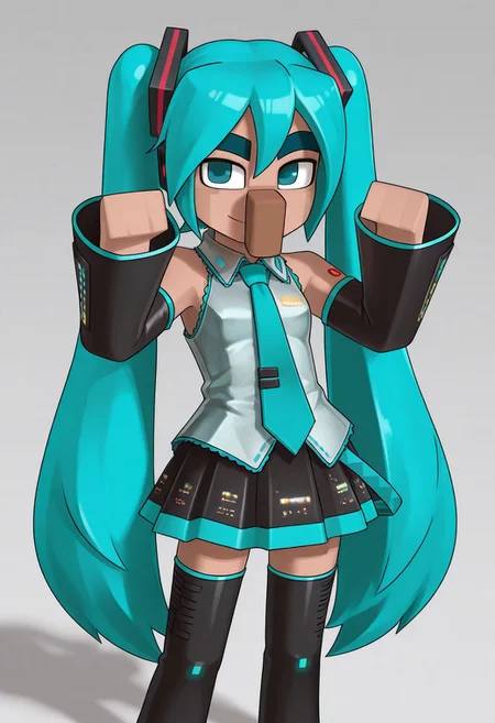 Minecraft_Villager, long nose, unibrow, 1girl, hatsune miku, blue eyes, blue hair, long hair, hatsune miku costume, cute pose