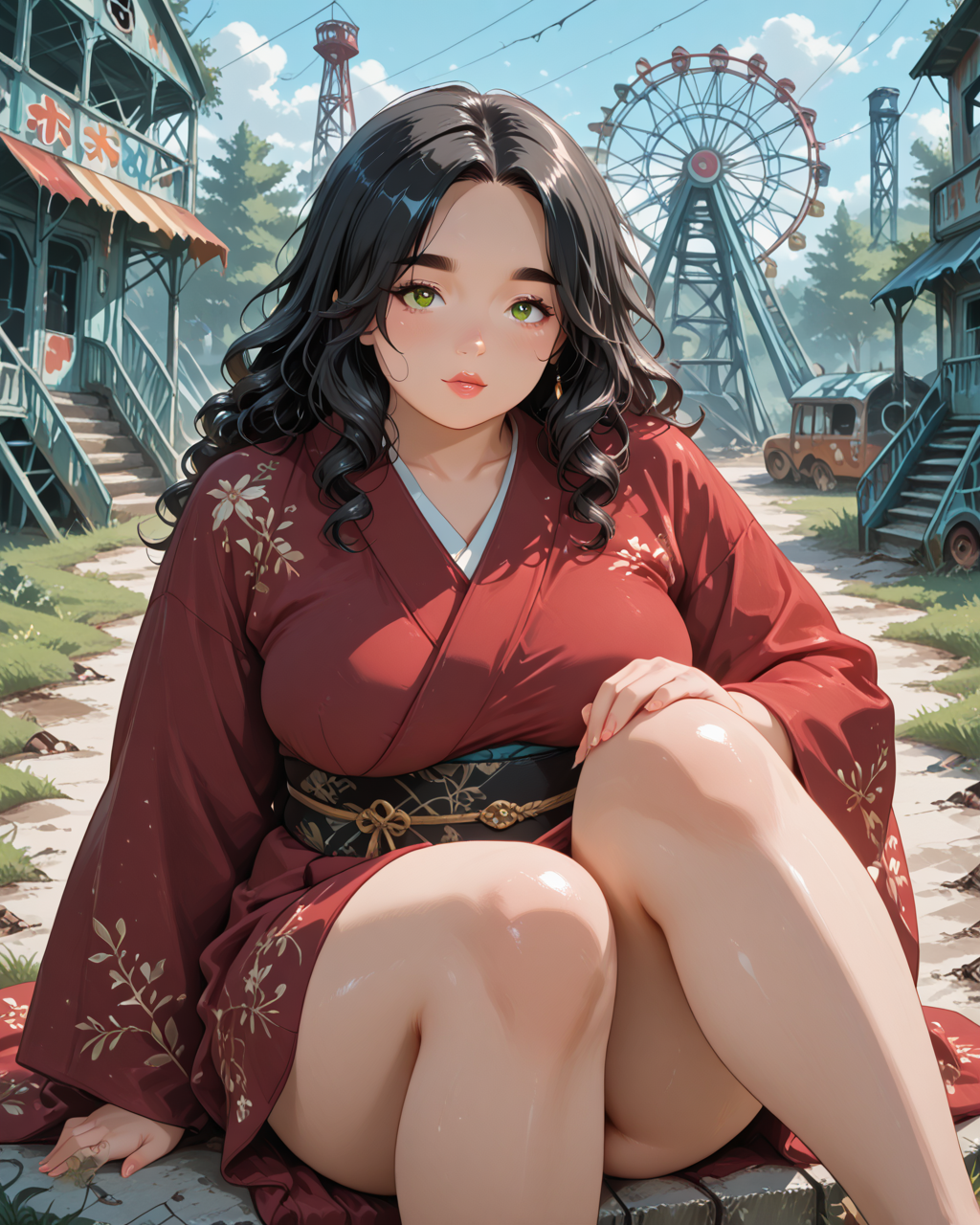 IllusP0s, PonyScores7, source_anime, ah1, IllustriousQual, interesting, exciting, spectacular, wonderful, amazing quality, absolutely eye-catching, very awa, SimplePositiveXLv3, <lora:animagineXL40_v4Zero_aqm_complete_v1:0.3>,
BREAK <lora:xl_more_art-full_v1:0.2>, <lora:aesthetic_anime_v1s:0.2>, amazing quality, best aesthetic, absurdres, illustration, Volumetric_Lighting, ultra-detailed, very aesthetic, intricate details, best_quality, lazympos, <lora:quality_modifiers_masterpieces_v1:0.2>, anime style, <lora:HDA_Detailer:0.3>, <lora:natsumi_style:0.2>, <lora:by_usakun-pony:0.2>, by usakun, <lora:Akina_Bbw_Style_-_PonyXL:0.2>, AkinBw,
BREAK (((sitting with legs bent, one hand on the knee, the other caressing the thigh))), dynamic pose,
BREAK 1girl, mature female, (curvy), round-chin, caucasian, <lora:ETO_OC_Illustrius:0.5>, eto_oc, skindentation, (plump), thick thighs, wide hips, busty, voluptuous, round ass, large breasts, fair skin, <lora:plussizegirls_IL:0.3>, <lora:plussizegirls_pony:0.3>, glistening skin, HDA_FatGirlXL, <lora:perfection style:0.2>, perfection style, perfection, 
BREAK ((red velvet Blood on the kimono)),
BREAK (curly hair), long hair, (black hair), (parted hair:1.7), messy hair, kinky curls, detailed hair, <lora:hairdetailpxl:0.2>, hairdetailpxl,
BREAK (half green and brown eyes), (colorful eyes), (multicolored eyes), (downturned eyes:1.4), expressive eyes, perfect eyes, eyes hd, detailed eyes, (round face:1.2), (thick eyebrows:1.3), (plump face), lips, <lora:Round_face:0.2>,
BREAK (((mechanical eye expression))), Expressive, emotional, looking at viewer, Face Detailed, <lora:Expressive_H:0.2>, Expressiveh, <lora:Emotional_Anime_Expressions_PonyXL_Concept:0.2>, <lora:Best_Facial_Expression_LoRA_PONY:0.2>, <lora:Detailed expressive EXEV style -XL Pony V1.0:0.2>, FaceDetail, <lora:Best_Facial_Expression_Helper_XTREME_ILLU:0.4>, kaogei,
BREAK (((Spooky, abandoned amusement park at midnight))), (((High-Speed Photography shot))), 4k, 8k, Ultra HD, Masterpiece, Best quality, Detailed background, foreshortening, extreme perspective, full_details, <lora:AddMicroDetails_Illustrious_v4:0.3>, addmicrodetails, SmoothNoob_Quality, <lora:ani40o_stabilizer_v0.6:0.3>,