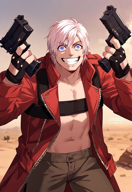 score_9, score_8_up, score_7_up, 1 male, dmc3dante, red coat, bandeau, fingerless gloves, pants, deagle, Desert Eagle, holding Desert Eagle, holding weapon, dual wielding, finger on trigger, smile, grin, crazy, eyes<lora:DanielRadcliffeHoldingTwoGunsMeme_pdxl_Incrs_v1:1>