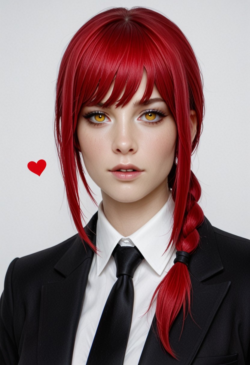 1girl, Asian , (semi realism:1.9),
,makima_(chainsaw_man), solo, red_hair, yellow_eyes, looking_at_viewer, necktie, ringed_eyes, bangs, collared_shirt, braid, shirt, sidelocks, white_shirt, white_background, formal, suit, heart, simple_background, lips, braided_ponytail,
(Perspective:1.5),
fabulous artwork,Volumetric image, HDR, high contrast,Smooth Quality , masterpiece, best quality, amazing quality, very aesthetic, high resolution,  absurdres,  newest,high contrast color,perfect composition,perspective,incredibly absurdres,  cute, ambient occlusion, highly detailed,shadows,raytracing,ambient occlusion,
z3r0nis,clear lines, sharp image,