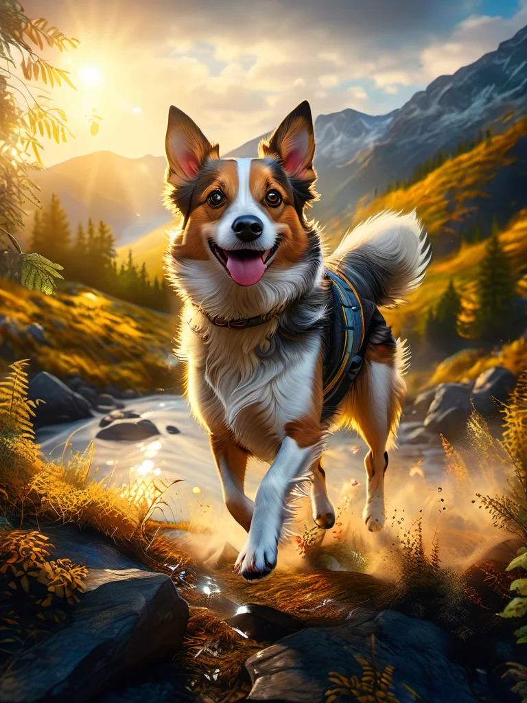 GWMDetail, a dog running in the wild at sunshine, best quality, high quality, masterpiece, 8K UHD, highly detailed, ultra detailed <lora:GWMDetail_v1.0:1.0>