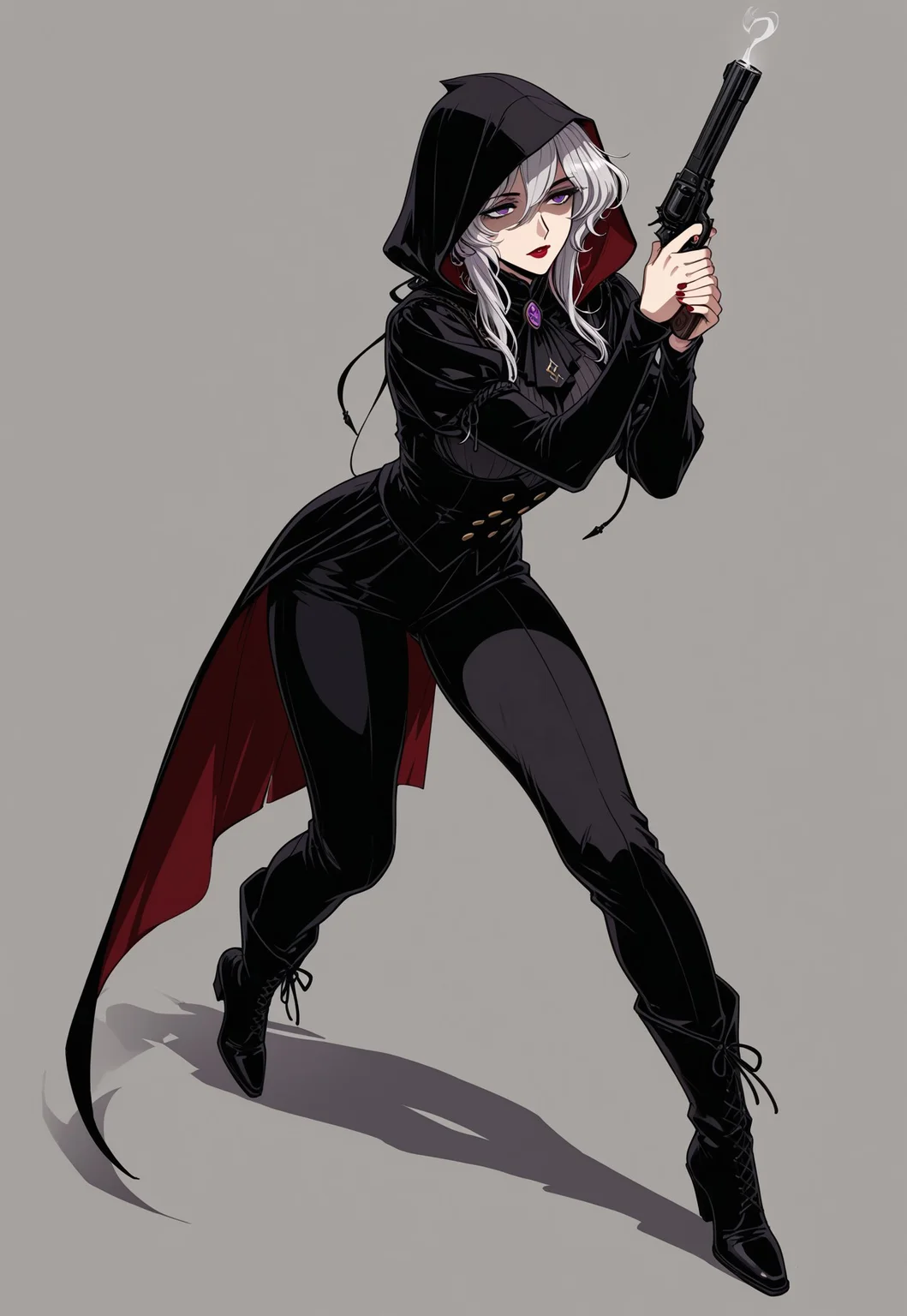 ww1era, victorianera, 18cera, alone, solo, portrait, full body, simple background, gray background, simple floor, full body, retro style, woman, adult, adult woman, purple eyes, black cloack, hooded cloack, shadowey face, shadow face, narrow eyes, silver hair, red lipstick, black pants, black boots, silenced pistol, holding pistol, holding, sneaking pose, sneak posture
<lora:RavenScript :1>