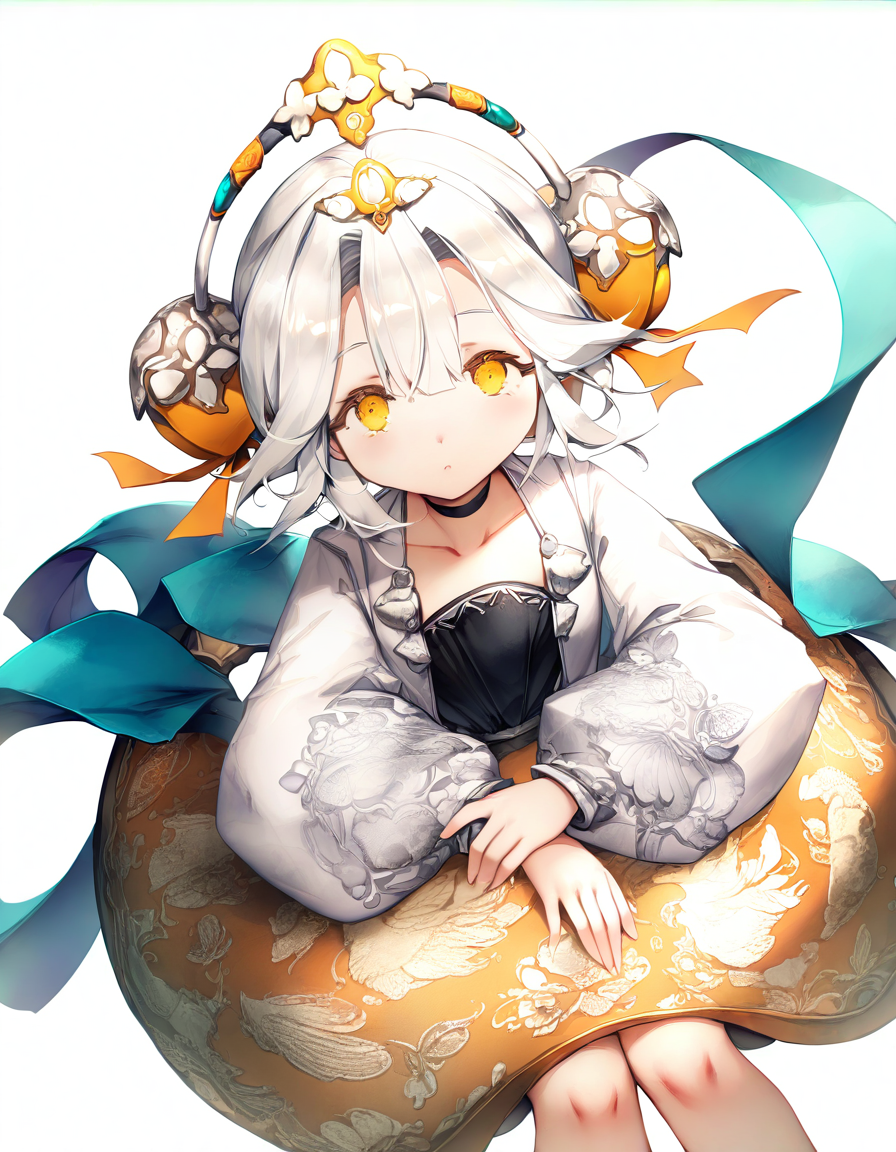 <lora:yinxiangnang-000014:1>,yinxiangnang,1girl,solo,looking at viewer,white background,simple background,cowboy shot,white hair,sitting,, masterpiece, best quality, very aesthetic, absurdres,newest, incredibly absurdres,, (lee hyeseung:0.7),(sugiyuu:0.8),
