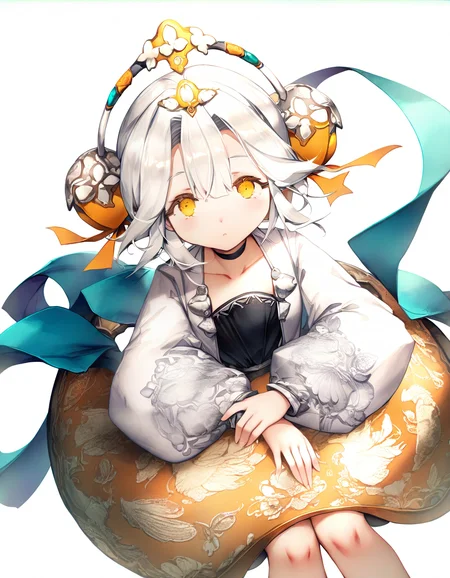 <lora:yinxiangnang-000014:1>,yinxiangnang,1girl,solo,looking at viewer,white background,simple background,cowboy shot,white hair,sitting,, masterpiece, best quality, very aesthetic, absurdres,newest, incredibly absurdres,, (lee hyeseung:0.7),(sugiyuu:0.8),