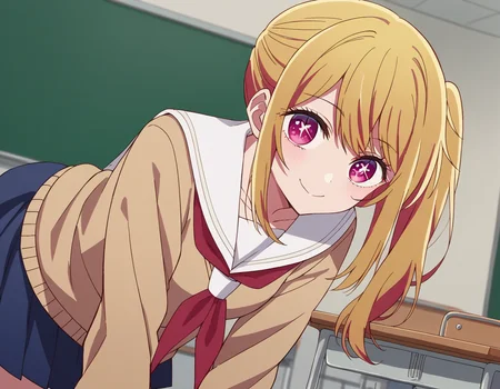 score_9, score_8_up, score_7_up, source_anime,
rubyhoshino, <lora:ruby-hoshino-s1-ponyxl-lora-nochekaiser:1>,
ruby hoshino, long hair, bangs, blonde hair, pink eyes, sidelocks, symbol-shaped pupils, multicolored hair, two-tone hair,
side ponytail, long sleeves, school uniform, serafuku, sailor collar, neckerchief, cardigan, red neckerchief, white sailor collar, skirt, blue skirt,
indoors, classroom, bent over, smile,
looking at viewer, cowboy shot, dutch angle, solo,