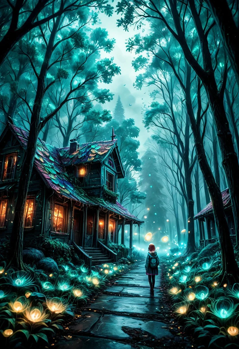 score_9, score_8_up, score_7_up, Peacock,
Cute anime character, fantastical garden, mystical peacock feathers, abandoned buildings, oversaturated colors, turquoise grass, neon green, tree with human faces, dreamlike fog, pastel swirling clouds, disembodied eyes in sky, glowing stream, translucent petals, giant peacock feathers, ethereal female figure, transparent body, misty atmosphere, birds with shimmering wings, serene and eerie mood