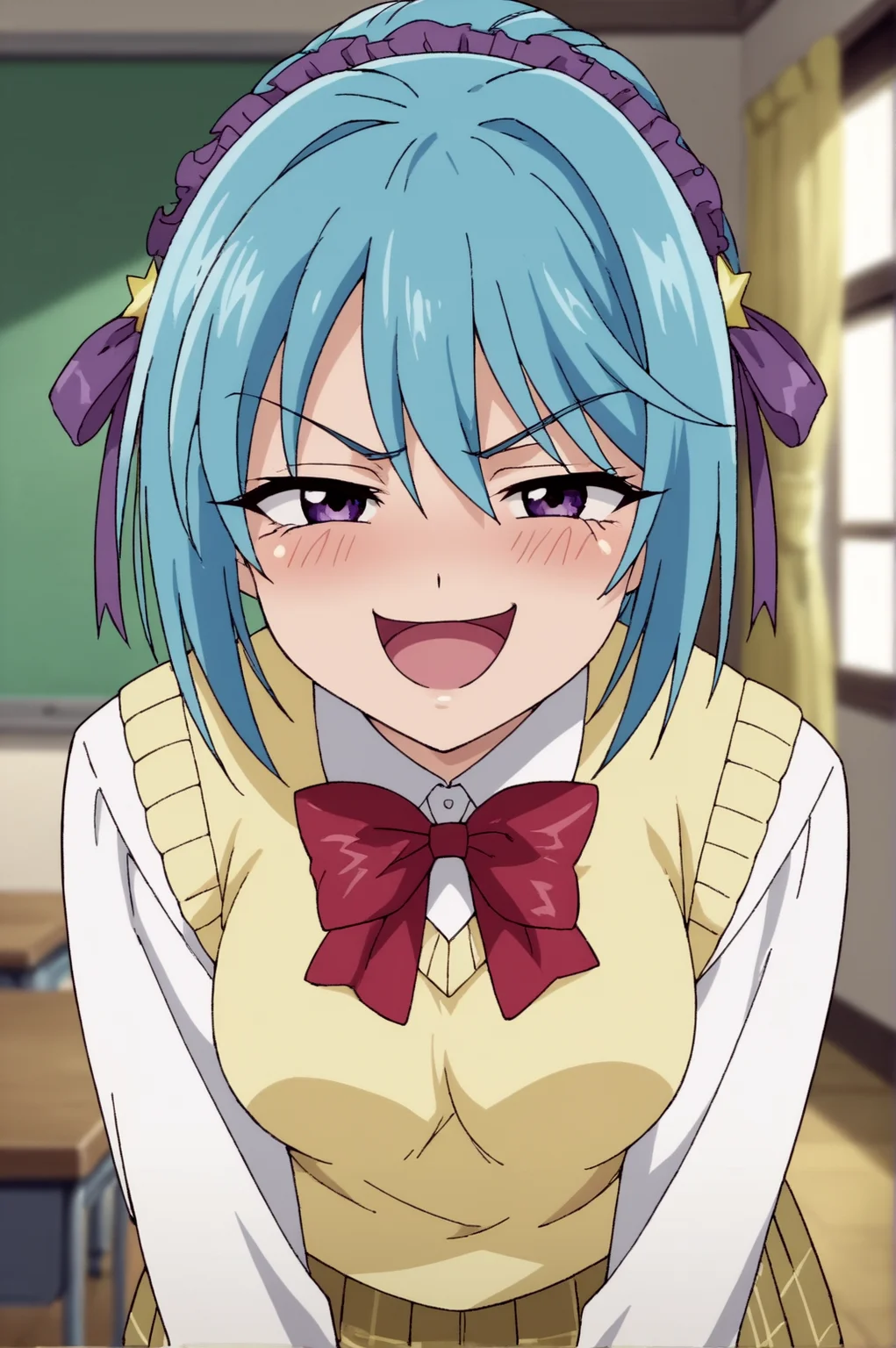 score_9, score_8_up, score_7_up,anime_source, source_anime, best background, detailed background, anime screencap, kurumu kurono, Student Uniform, naughty face, horny, smug, blush, indoors, bent over, open mouth, <lora:JN_Kurumu_Kurono:0.8>