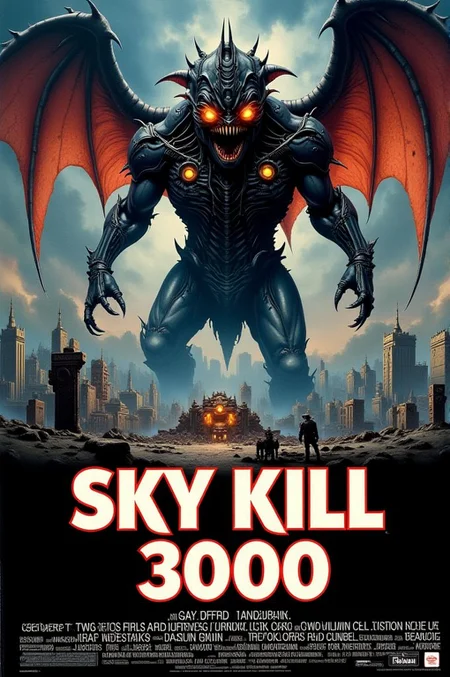 <lora:MoviePoster02-00_CE_FLUX_128AIT:1> mvpstrCE style Display the text "Sky Kill 3000" on a movie poster.
<lora:nytemare-creature:1> nytemare_creature on a centre. It is a massive cybernetic monster with flaming wings and glowing eyes rampages through a futuristic megacity, tearing buildings apart with its mechanical claws.