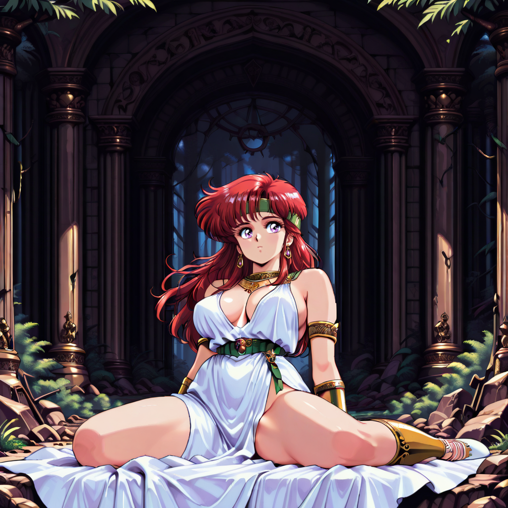 HDA_MasterpieceXLclassic, 1girl, solo, <lora:Luna_-_Knights_of_Xentar_ã©ã´ã³ãã¤ãIII_Illustrious:0.8> LunaKX, retro artstyle, purple eyes, long hair, red hair, green cloth belt, large breasts, white dress, leg cutout, jewelry, headband, clevage, gold armlets, gold armbands, earrings, outdoors, forest ruins, slim body,