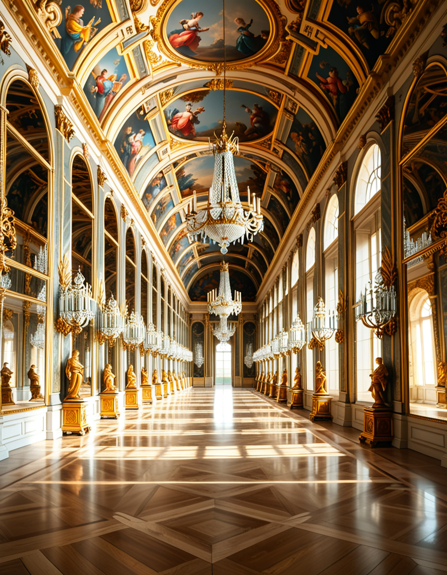 A breathtaking, photorealistic depiction of the Hall of Mirrors (Galerie des Glaces) at the Palace of Versailles in France, captured in golden afternoon light. The hall is grand and opulent, with a high arched ceiling painted with intricate Baroque frescoes. The walls are lined with tall arched mirrors on one side and large arched windows on the opposite side, flooding the space with natural light. Elegant crystal chandeliers hang from the ceiling, reflecting in the mirrors and sparkling with golden highlights. The marble floors are polished and gleaming, with rich, warm tones. Gilded statues and decorative elements frame the mirrors and doorways. The image style is ultra-detailed and photorealistic, with sharp textures and soft, warm lighting creating a majestic, timeless atmosphere. No people present, only the serene magnificence of the empty hall. Camera angle at eye level, centered down the hall, capturing the full length and symmetry of the space.
<lora:SDXLFaeTastic2400:0.4> <lora:extremely_detailed:0.4> extremely detailed,<lora:Hall_of_M1rr0rs:1>,Hall of M1rr0rs, Masterpiece,best quality,hi res,8k,hi res,8k,award winning,(sharp focus, intricate, highly detailed),