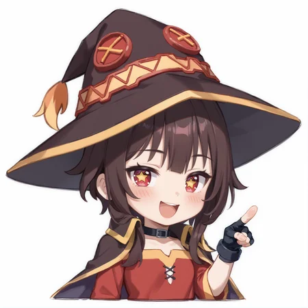 score_9, score_8_up, score_7_up, rating_safe, zPDXL2, zPDXLxxx, zPDXL3, source_anime, <lora:GenshinChibi:1.2>,
GenshinChibi, chibi, megumin, short hair, red dress, hat, cape, with hat,
red eyes, star-shaped pupils, :d, happy, blush,
pointing at viewer, gloves, fingerless gloves,