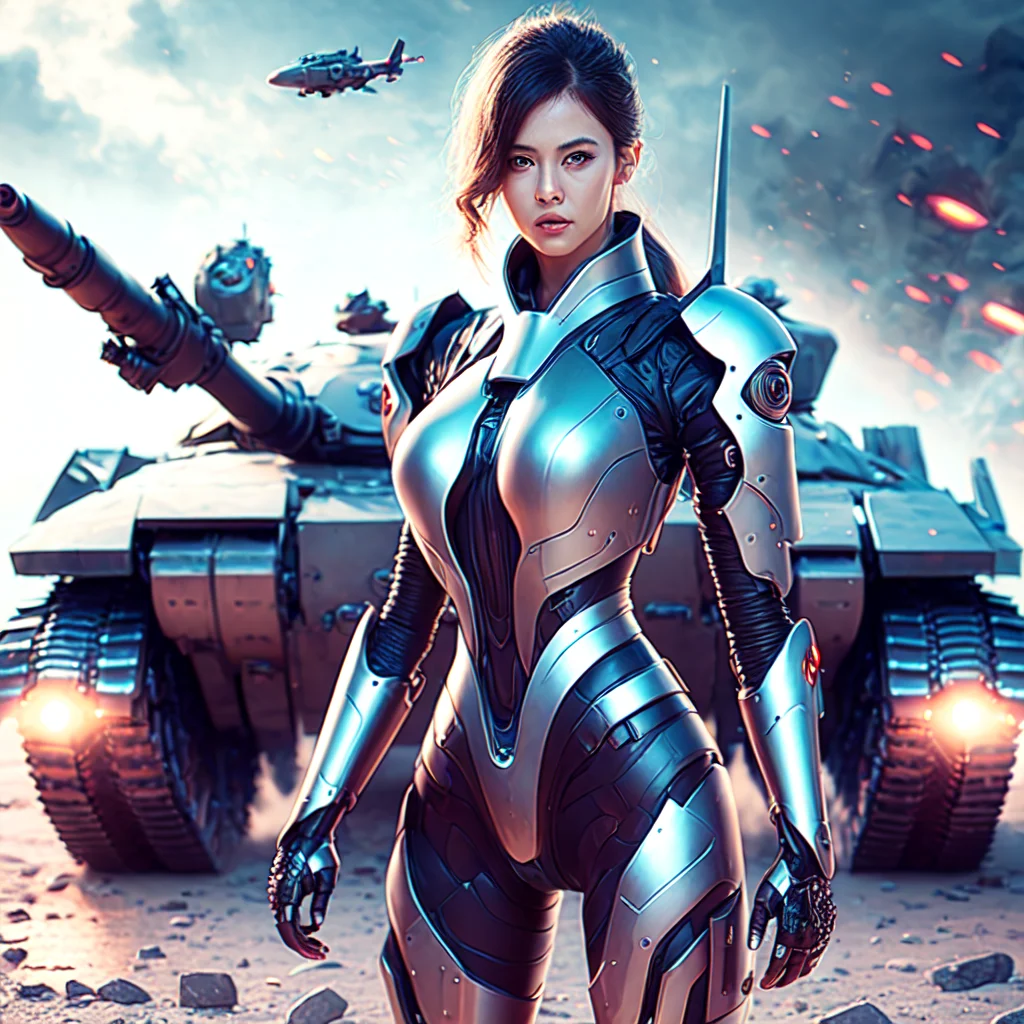 photo, a woman in a futuristic suit standing in front of a tank (MechAssassin style:1) <lora:djzMechAssassinV21:0.8>