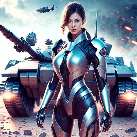 photo, a woman in a futuristic suit standing in front of a tank (MechAssassin style:1) <lora:djzMechAssassinV21:0.8>