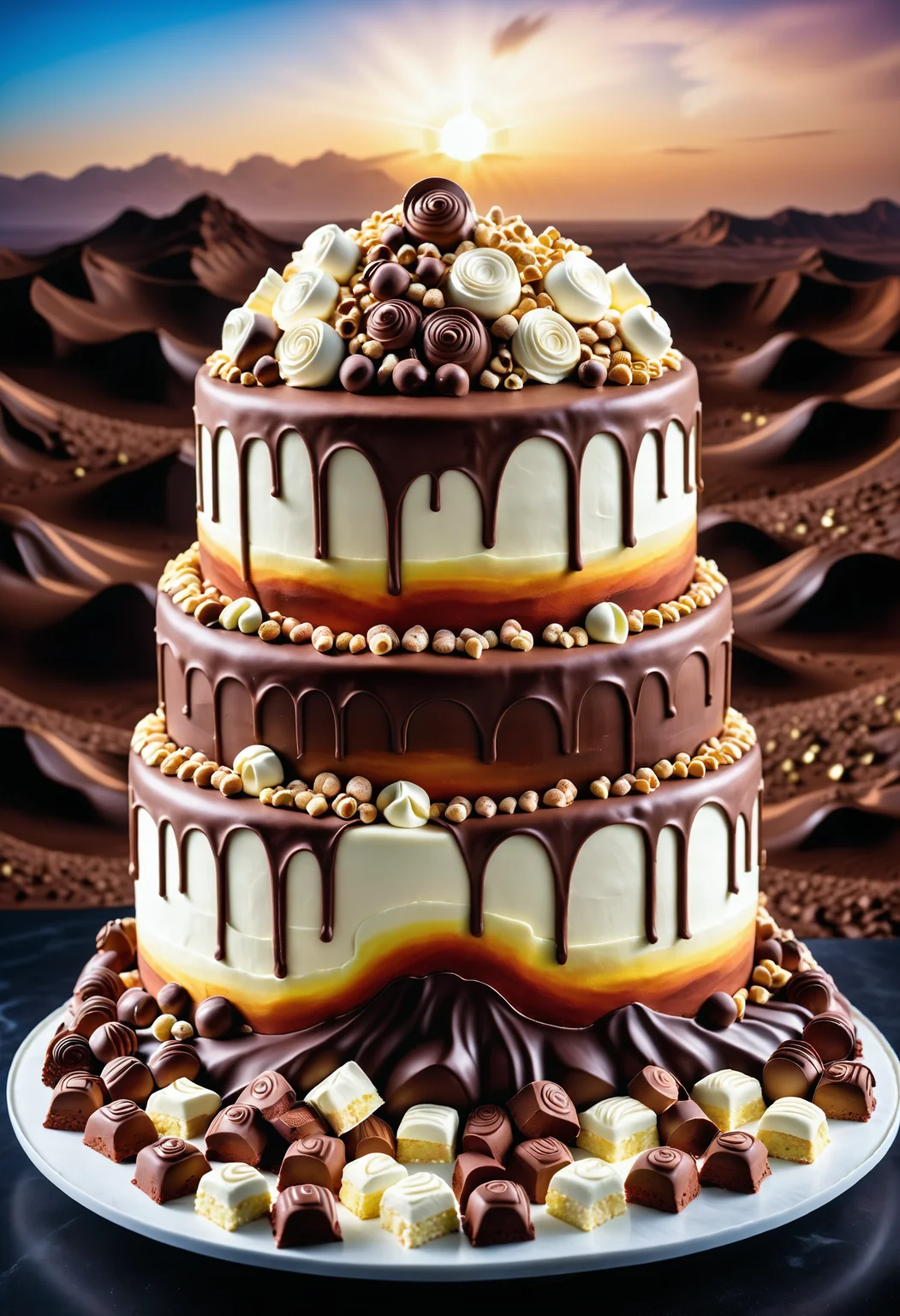 A masterpiece of a giant cake, Moist Grand (Headland:1.1) and Sunset on Mars, Jed-ChocoC, chocolate, cereals, <lora:last:0.7>, Jed-whtccae, <lora:WhiteChocoStyle-000005:0.6>, Jed-mrshmlw, <lora:MarshmallowStyle-000007:0.5>, Icing, stunningly beautiful background, masterpiece, positive emotions, deep aesthetic, gorgeous, intense, complex artistic color composition, handsome, very