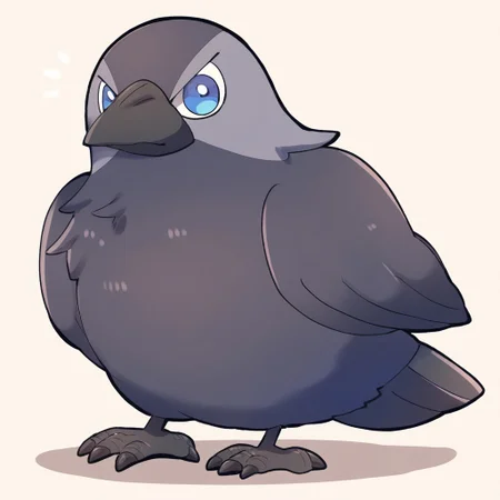 jackdaw, corvid, bird, feral, animal focus, fullbody, solo, huge eyes, light blue eyes, [looking at viewer], illustration, rokugou_daisuke, eromame, kotorai, toony, shadow, simple background, general, year 2024, masterpiece, best quality, absurdres, very aesthetic, very awa