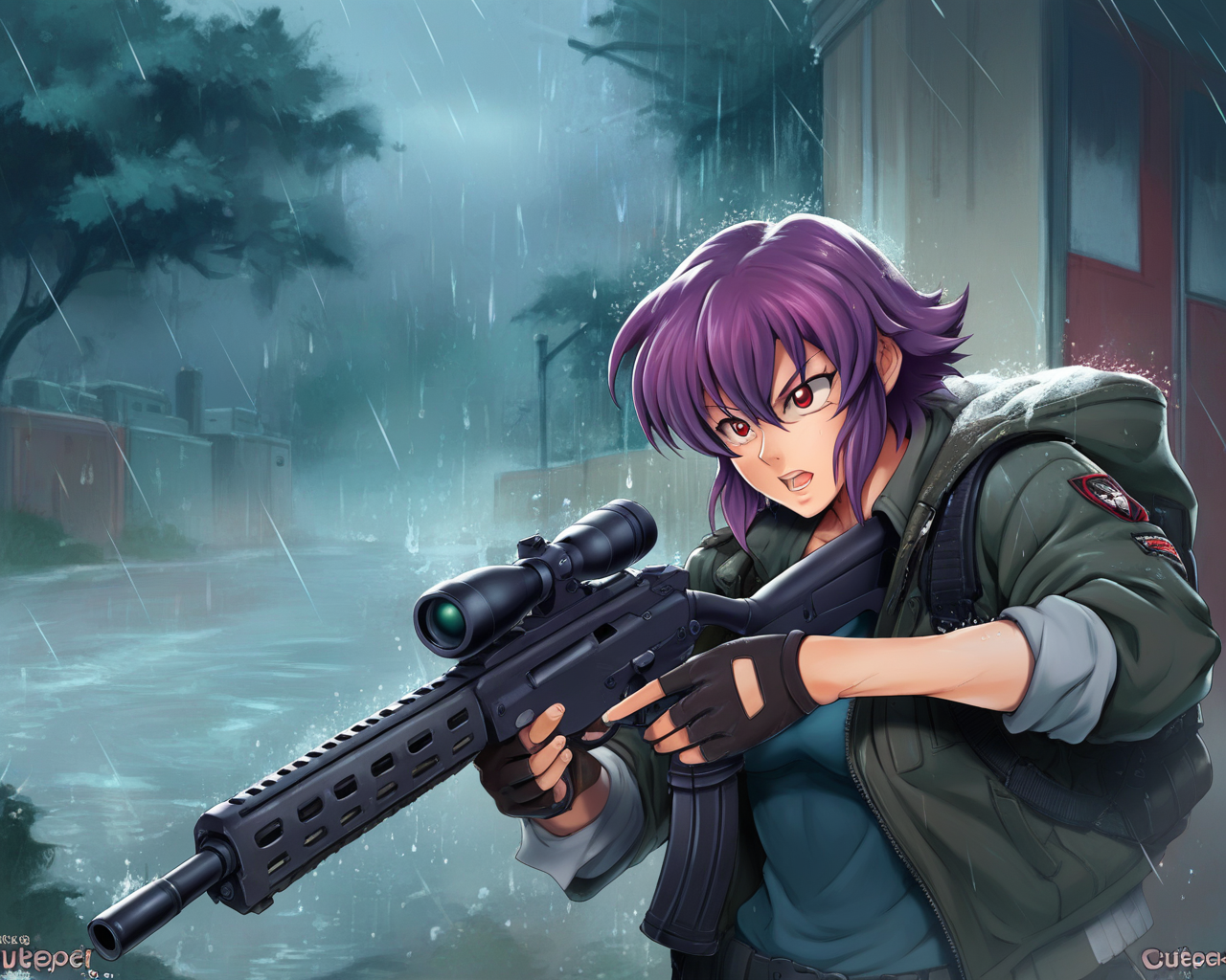 score_9, score_8_up, score_7_up, zPDXL3, BREAK, <lora:ctpt_v1t1pnyez:1> ctpt, 1girl, assault rifle, bullpup, finger on trigger, fingerless gloves, gloves, gun, handgun, heckler & koch, holding, holding gun, holding weapon, jacket, kalashnikov rifle, kusanagi motoko, open mouth, pistol, purple hair, rain, red eyes, rifle, scope, short hair, shotgun, sleeves rolled up, sniper rifle, solo, submachine gun, trigger discipline, weapon