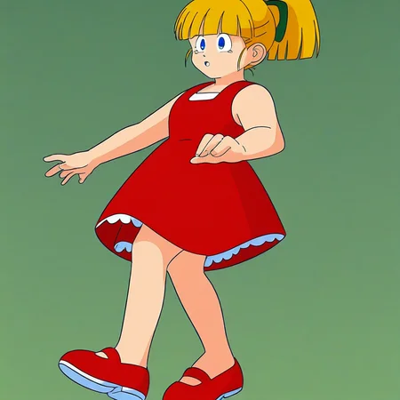 green bow in hair, blonde hair ponytail, blue eyes, sleeveless red dress, red shoes, bangs