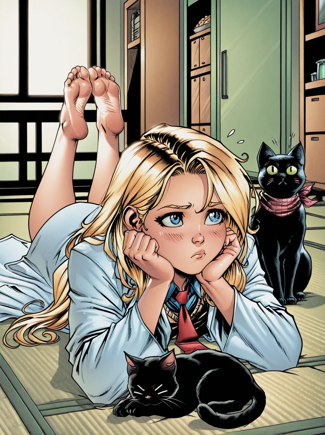 JasonFaboksXL,
1girl, long hair, blush, blue eyes, blonde hair, lying, food, necktie, barefoot, indoors, scarf, feet, toes, soles, animal, flying sweatdrops, cat, red necktie, on stomach, > <, head rest, lab coat, tatami, black cat, the pose,
<lora:AJasonFabok_style:1>