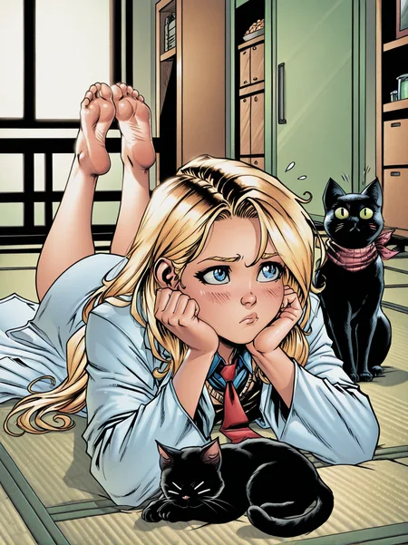 JasonFaboksXL,
1girl, long hair, blush, blue eyes, blonde hair, lying, food, necktie, barefoot, indoors, scarf, feet, toes, soles, animal, flying sweatdrops, cat, red necktie, on stomach, > <, head rest, lab coat, tatami, black cat, the pose,
<lora:AJasonFabok_style:1>