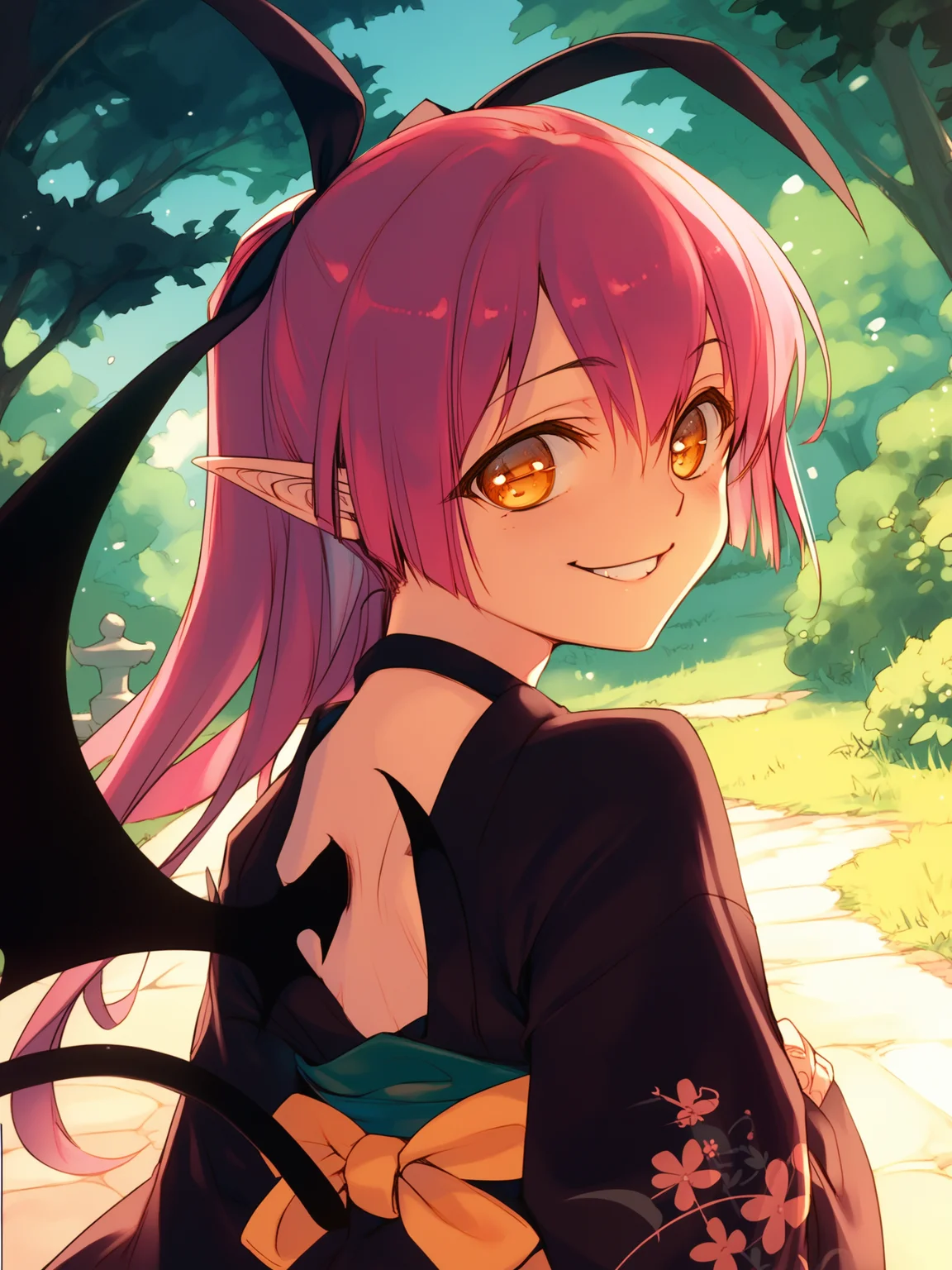 <lora:happy_tentacle-succubus-v0.2-000043:1>, ht_succubus, demon wings, demon tail, hair ribbon kimono, outdoors , 1girl, solo, portrait , , ( smile :1.2), , looking back , , facing viewer , score_9, score_8_up, score_7_up, score_6_up, score_5_up, score_4_up