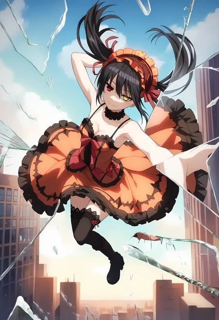 score_9, score_8_up, score_7_up, source_anime,
BREAK
1girl, solo,
<lora:shiKurumiV2:1> kurdef, long hair, black hair, twintails, red eyes, yellow eyes, clock eyes, heterochromia, hairband, bare shoulders, detached sleeves, choker, red dress, cleavage, bow, black thighhighs, lace-up boots,
<lora:shiMirrorGlassV1:0.9>, shibroglass, broken glass, glass shards, glass, shards,
looking at viewer, seductive smile, half-closed eyes, armpits, 
full body, falling, floating hair, floating, skyscraper, building,