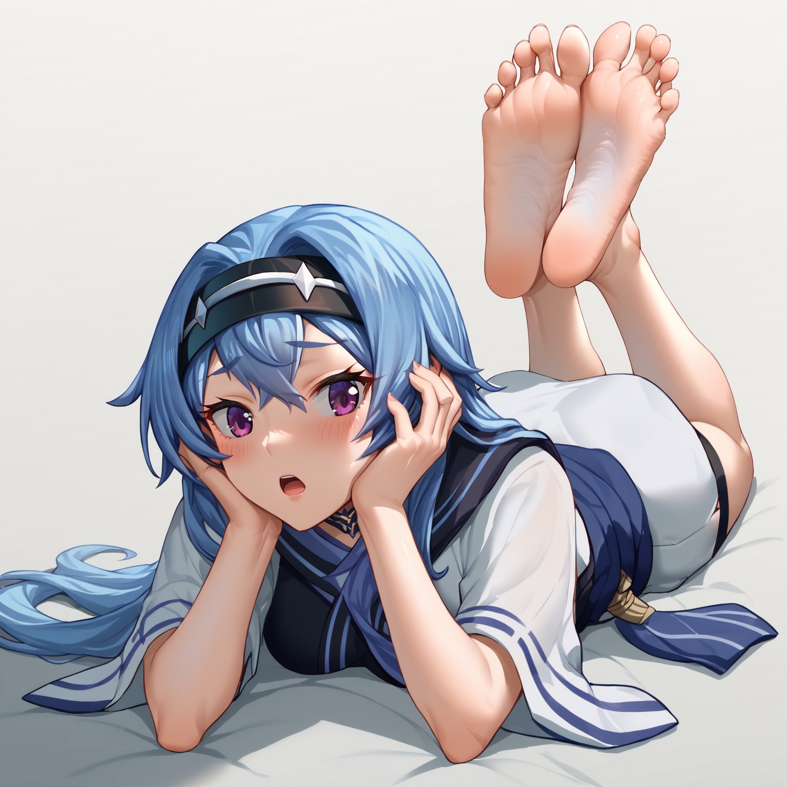 score_9, score_8_up, score_7_up, syfeet, nagi (kannagi), kannagi, 1girl, barefoot, blue hair, blush, feet, foot focus, grey background, hands on own face, headband, long hair, lying, no nose, on stomach, open mouth, purple eyes, simple background, soles, solo, the pose, toes