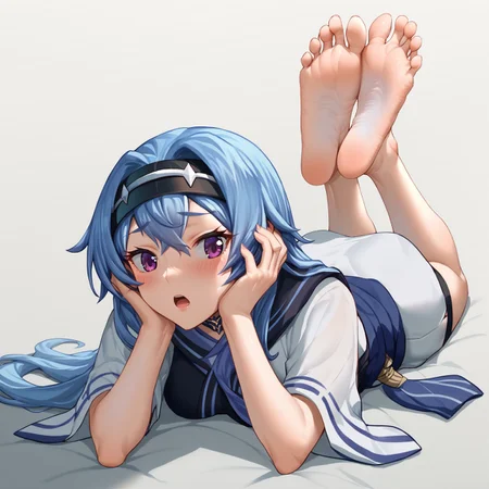 score_9, score_8_up, score_7_up, syfeet, nagi (kannagi), kannagi, 1girl, barefoot, blue hair, blush, feet, foot focus, grey background, hands on own face, headband, long hair, lying, no nose, on stomach, open mouth, purple eyes, simple background, soles, solo, the pose, toes