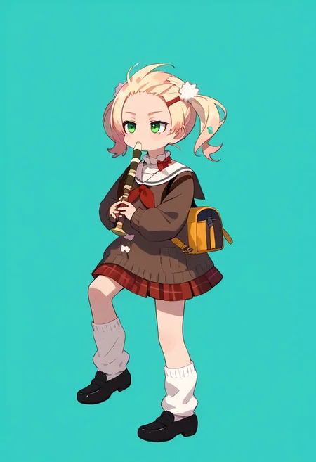 score_9,
score_8_up,
score_7_up,
source_anime,
mint background,
kyoufuuallback,
full body,
NeneCasual,
1girl,
solo,
twintail,
pom pom hair ornament,
hairclip,
brown sweater,
white sailor collar,
red neckerchief,
red skirt,
plaid skirt,
loose socks,
loafers,
holding flute,