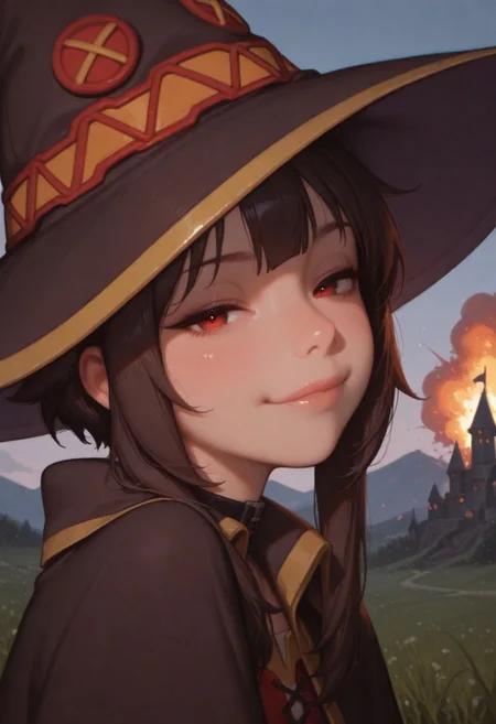 artist:Konya Karasue, masterpiece,amazing quality, megumin, witch hat, 1girl,solo, sidelocks, smug, looking at viewer, half body portrait, chromatic aberration, detailed eyes, grassfield, castle in background, burning castle, outdoor, summer, blurry background, artist:moriimee, possmach, explosion in castle,