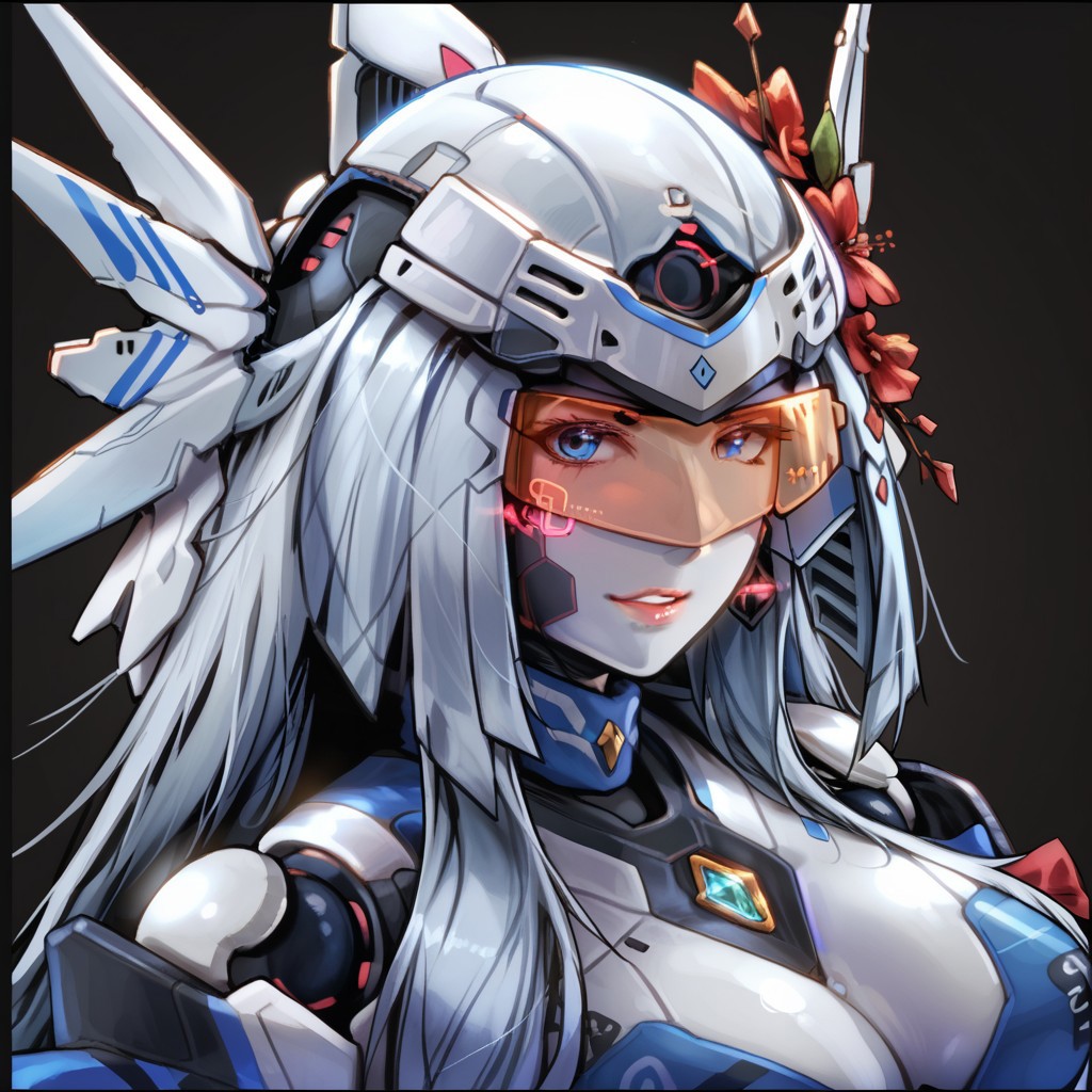 uaf-character, |||, breasts, humanoid robot, mecha musume, medium breasts, silver hair ornament, uaf_neuko, upper body, glowing, android, visor, smile, black border, uaf-portrait, robot girl, robot, uaf_redblue_backlight, parted lips, solo, uaf_red_blue_ilumination, helmet, simple background, 1girl, 80swa, Expressiveh, score_9,score_8_up,score_7_up, 20 years old, 8k, hd, beautiful korean girl, , ultra realistic, hyper realistic, detailed face, natural huge breasts, beautiful woman's face, <LoRA: uafPortraits-000110>, <LoRA: uaf Wt: 1>, pureerosface_v1, (PureErosFace_V1:0.8)