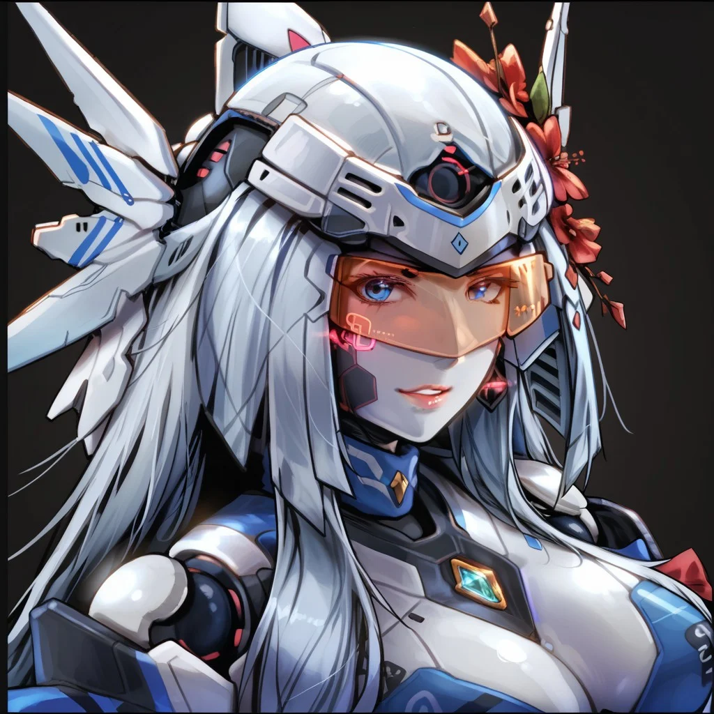 uaf-character, |||, breasts, humanoid robot, mecha musume, medium breasts, silver hair ornament, uaf_neuko, upper body, glowing, android, visor, smile, black border, uaf-portrait, robot girl, robot, uaf_redblue_backlight, parted lips, solo, uaf_red_blue_ilumination, helmet, simple background, 1girl, 80swa, Expressiveh, score_9,score_8_up,score_7_up, 20 years old, 8k, hd, beautiful korean girl, , ultra realistic, hyper realistic, detailed face, natural huge breasts, beautiful woman's face, <LoRA: uafPortraits-000110>, <LoRA: uaf Wt: 1>, pureerosface_v1, (PureErosFace_V1:0.8)