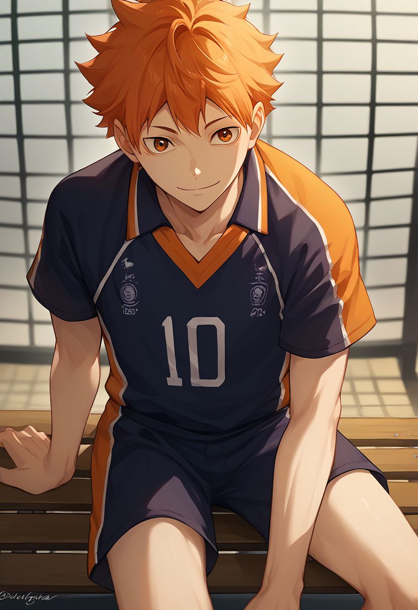 score_9, score_8_up, score_7_up, source_anime, highly detailed, 
hinata, male focus, 1boy, orange hair, sportswear, solo, volleyball uniform, 
smile, orange eyes, looking at viewer, shorts, snekaers, sit,
indoor, sport bench,