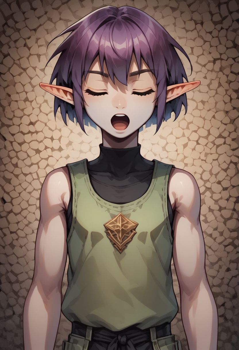 Lapanya, 1 person, solo, pointy ears, ((snout nose)), flat chest, small nostrils, short stature, skinny arms, ((closed eyes, singing, open mouth, skipping)), fair skin, ((dark lilac hair)), short hair, tomboy haircut, small nostrils, 3 fingers 1 thumb ((Sleeveless green vest, fitted black undershirt, black pantaloons, fully clothed)), dynamic view
((Organic cavern background)), fully clothed, 
clean lines, up close, upper body focus, highly detailed face, detailed background, high quality, best quality,  score: 9, score: 8 up, rating: safe