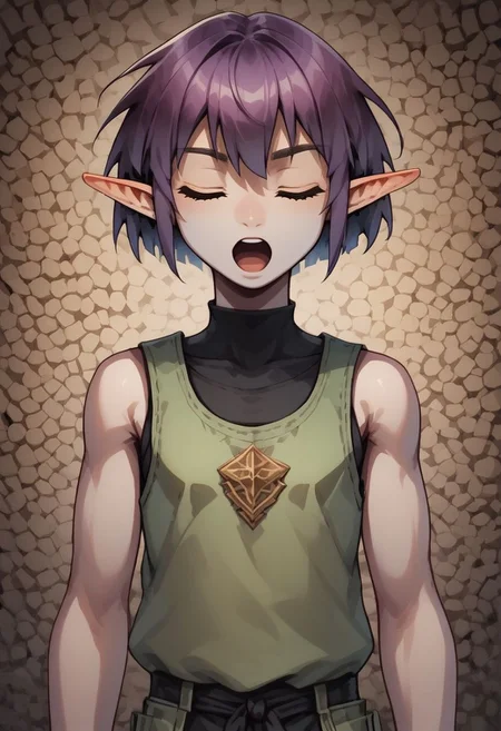 Lapanya, 1 person, solo, pointy ears, ((snout nose)), flat chest, small nostrils, short stature, skinny arms, ((closed eyes, singing, open mouth, skipping)), fair skin, ((dark lilac hair)), short hair, tomboy haircut, small nostrils, 3 fingers 1 thumb ((Sleeveless green vest, fitted black undershirt, black pantaloons, fully clothed)), dynamic view
((Organic cavern background)), fully clothed,
clean lines, up close, upper body focus, highly detailed face, detailed background, high quality, best quality, score: 9, score: 8 up, rating: safe