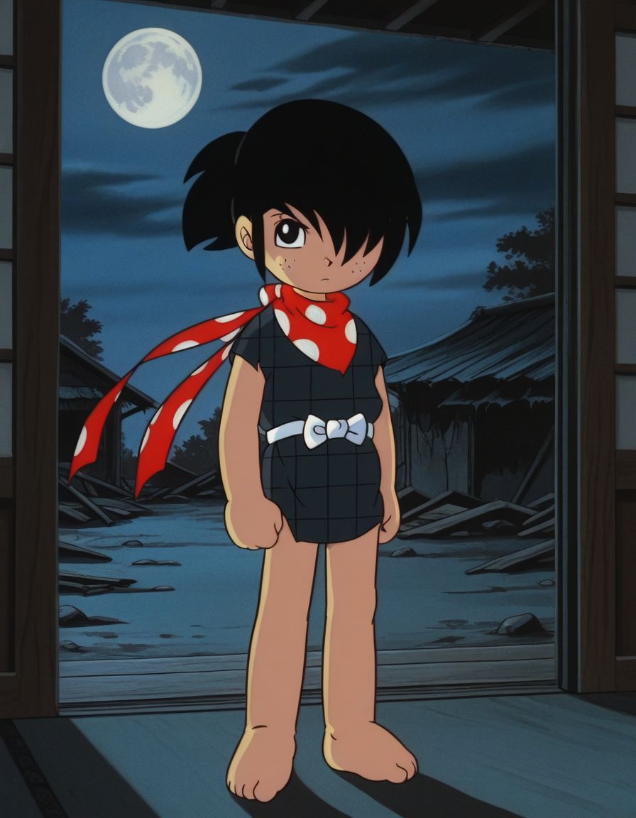 masterpiece, best quality, 1boy, anime screencap, anime coloring, male focus, ninja, barefoot, solo, abandoned japanese bedroom, hair over one eye, full body, full moon, cloudy sky, 
, (night, dark, shadow),
<lora:Saskk10:1>, saskk, black hair, black eyes, freckles, scarf, ponytail, male child, retro artstyle, style parody,