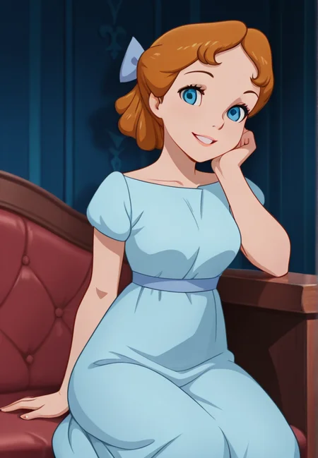 masterpiece, best quality, amazing quality, very aesthetic, absurdres, newest, detailed background, cowboy shot, indoors, dynamic angle, bedroom, (perfect eyes, beautiful eyes, detailed eyes,:1.2)
wendyxd, 1girl, solo, sitting, head rest, blue dress, hairbow, blue footwear, medium breasts, blue eyes, looking at viewer, smile,
<lora:Wendy_Darling_-_Disney_Illustrious:1>