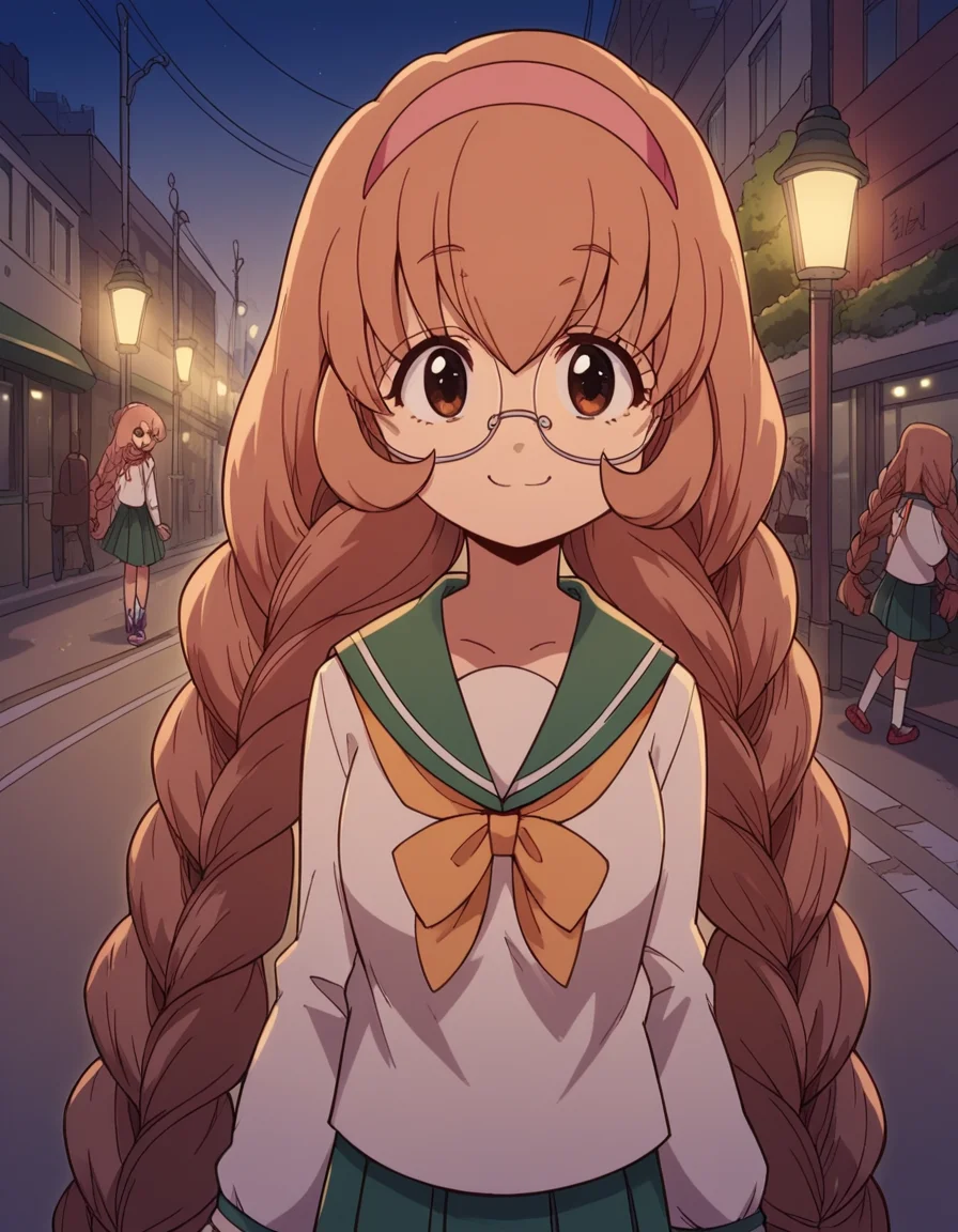 score_9, score_8_up, score_7_up, source_anime, <lora:mimi-usa-s1-ponyxl-lora-nochekaiser:1>, mimi usa, long hair, brown hair, brown eyes, very long hair, braid, hairband, glasses, twin braids,, school uniform, serafuku, long sleeves,, city street, evening, streetlights, walking dog, quiet neighborhood, gentle breeze, smile, smug, looking at viewer, solo,, dutch angle, cowboy shot