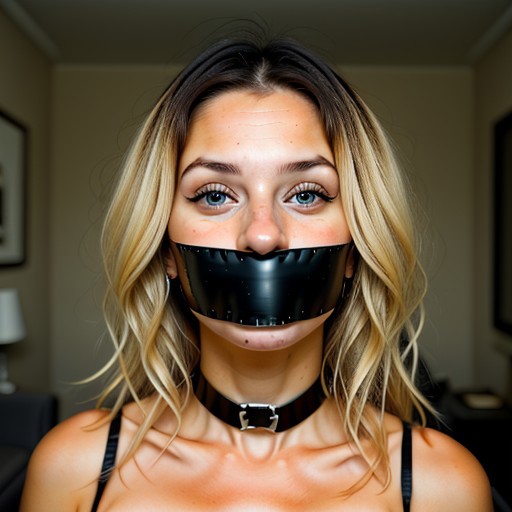 a 24-year-old Caucasian woman with blond hair posing with a large, wide black tape gag