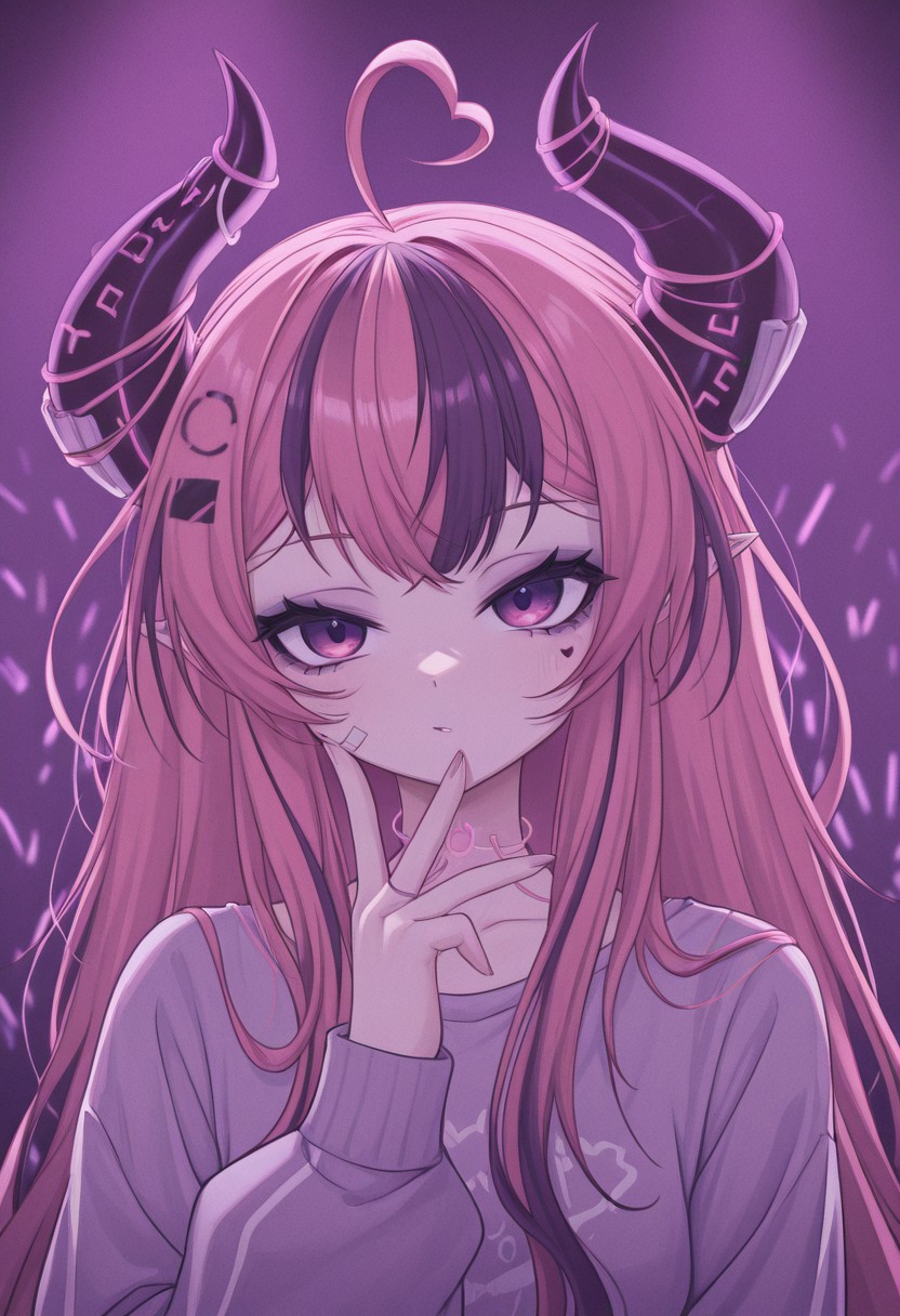 ,masterpiece, best quality, very aesthetic, best quality, very aesthetic,1girl,cybermousey, 1girl, purple eyes, purple eyeshadow, heart facial mark,bandaid on face, purple hair, pink hair, streaked hair, long hair, heart ahoge, crossed bangs, pointy ears, horn ornament, pale skin, concert, signing, live audience