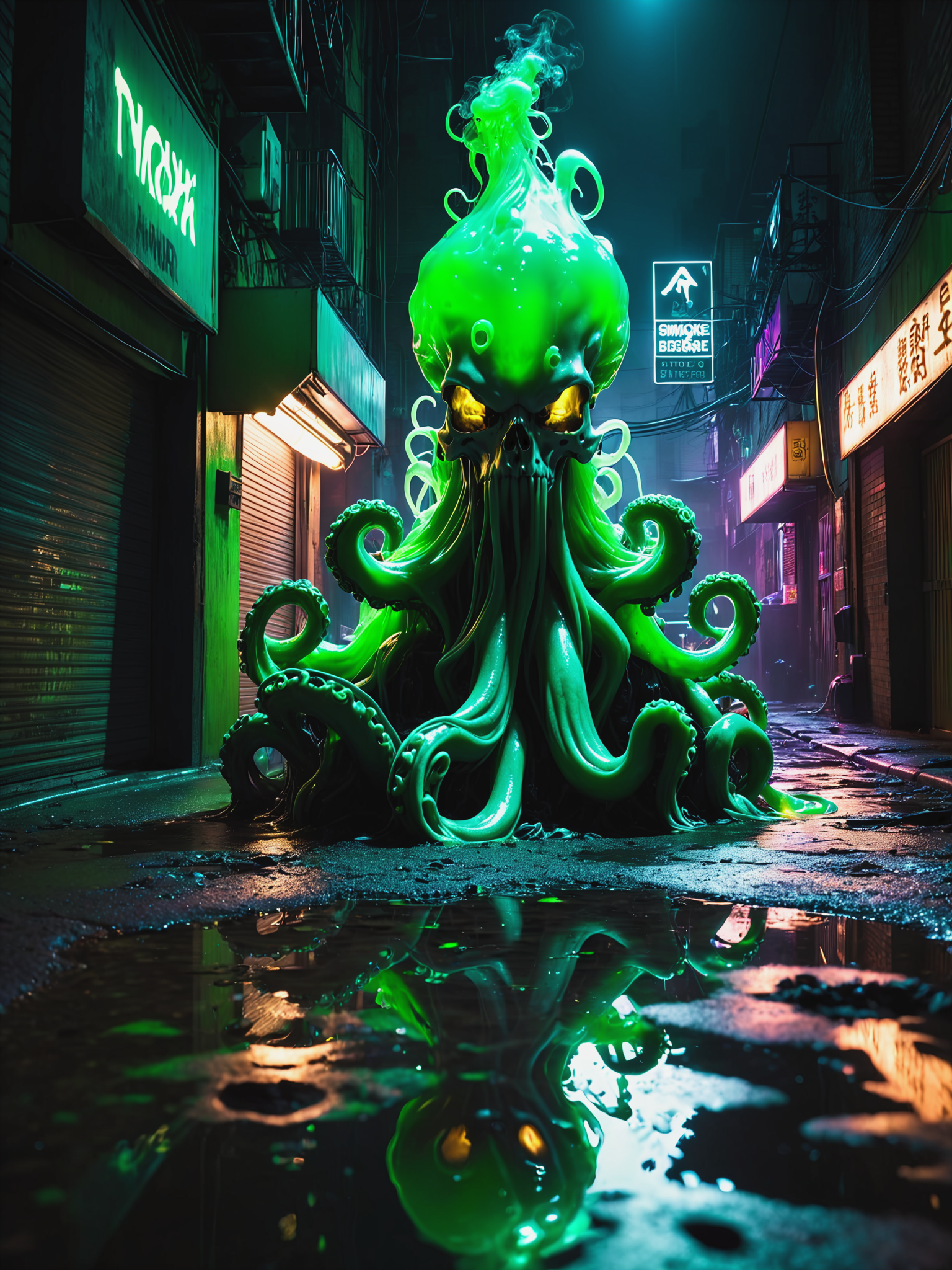 mad-txcsprt monster in a puddle of glowing green goo, cyberpunk,  neon signs,smoke, floating bubbles of goo,  dark alley, garbage, (night:1.2) <lora:Neon_Cyberpunk_Toxic_Spirits_SDXL:0.6>, raw photo, film grain, (photorealistic, realistic:1.2), deep shadow,  8k, uhd, dslr, ultra high res