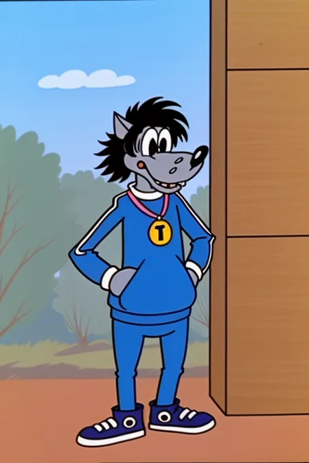 animal <lora:Wolf Nu Pogodi:0.65> in blue clothes, masterpiece, best quality, cartoon