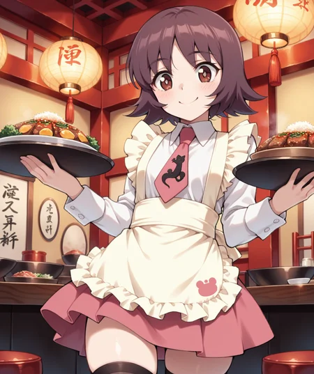 masterpiece, best quality, amazing quality, very aesthetic, ultra detail, clear line, solo, <lora:sanada_satsuki:0.8>, satsuki, brown eyes, short hair, russet hair, white shirt, pink skirt, pink tie, black knee-high socks, apron, smile, holding tray, cowboy shot, chinese restaurant, indoor,, <lora:LECO_BadHands:1.2>, <lora:LECO_GoodHands:-1.2>, <lora:cfg_scale_boost:0.7>