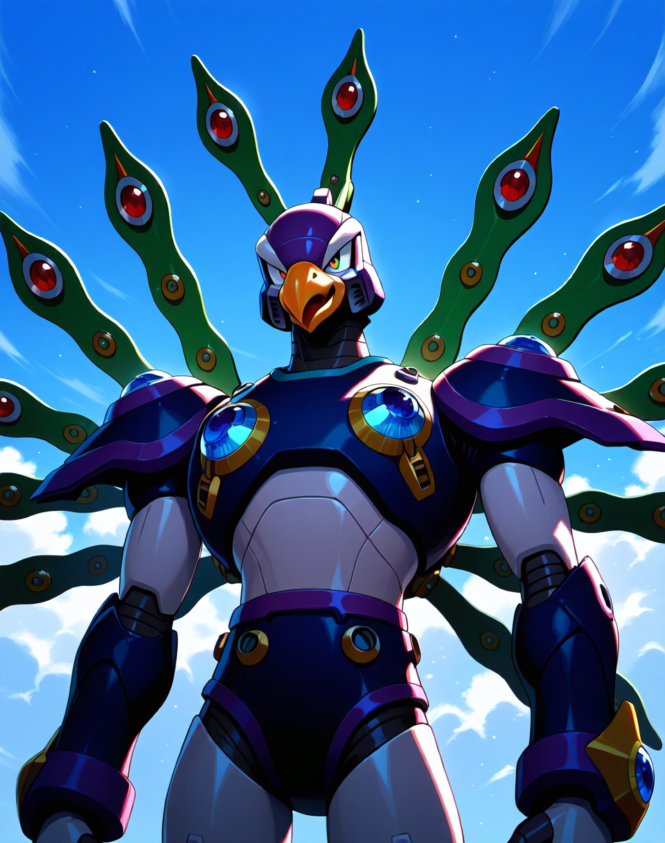 <lora:Cyber_Peacock_(Mega_Man_X)_(Illustrious)_(AD):1> Cyber Peacock, reploid, MMX, 
exterior, blue sky with clouds,
male focus, intense shadows, dynamic shadows, intricate details, attention to details, gradient coloring, robot, beak, 
BREAK very awa, masterpiece, best quality, amazing quality, very aesthetic, highres, absurdres,
EZRealPONYXL, zPDXL, Smooth Quality, lazynsfw,