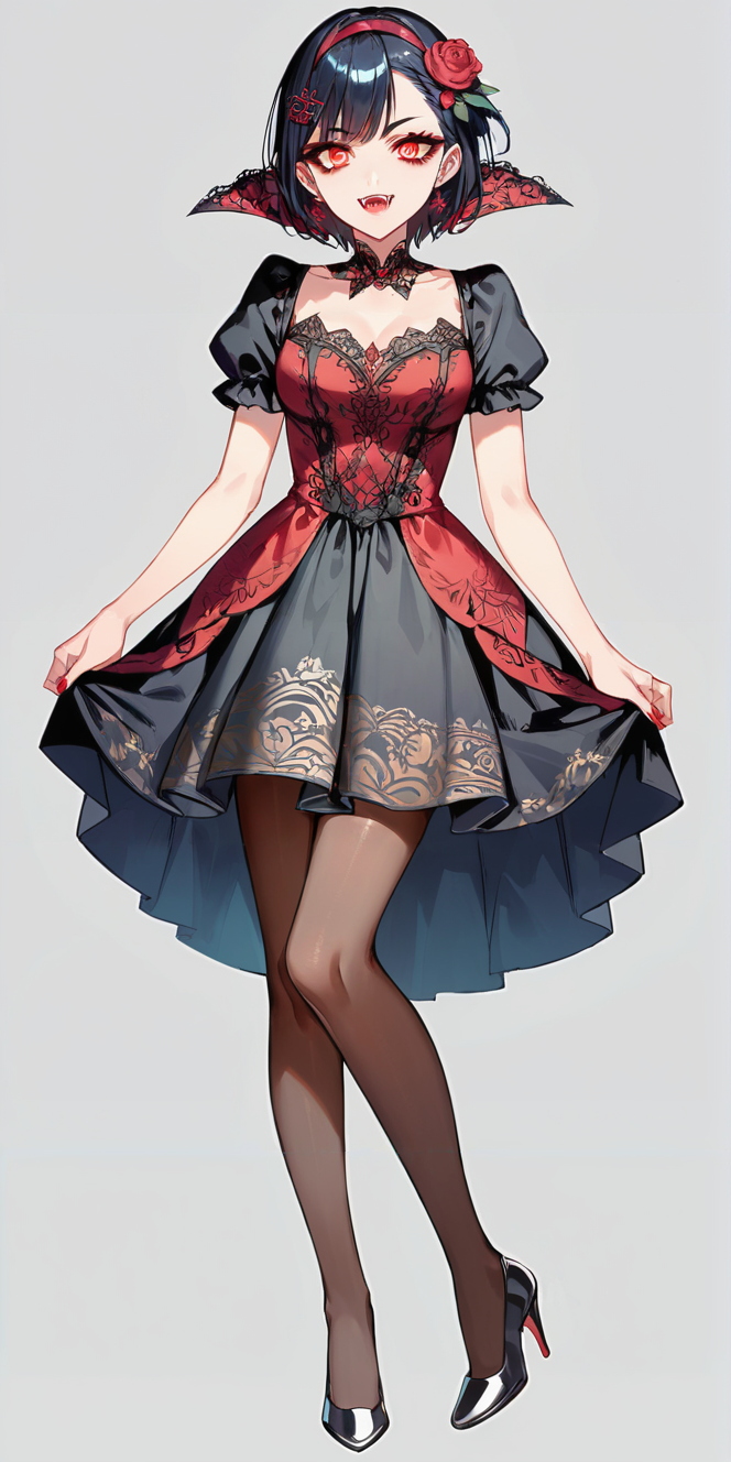 score_9, score_8_up, score_7_up,source_anime, high res image,masterpiece,best quality,(girl:1.0),cute face,clear skin,shiny hair,ultra detailed eyes,simple background,  <lora:vampire cos_pony_V1.0:0.7> vampire cos, dress, makeup, high heels, skirt, pantyhose,fangs