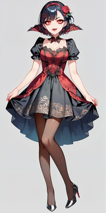 score_9, score_8_up, score_7_up,source_anime, high res image,masterpiece,best quality,(girl:1.0),cute face,clear skin,shiny hair,ultra detailed eyes,simple background, <lora:vampire cos_pony_V1.0:0.7> vampire cos, dress, makeup, high heels, skirt, pantyhose,fangs