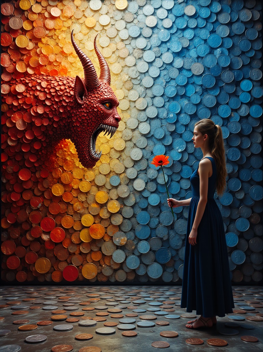 A breathtaking piece of abstract artwork featuring a canvas in which a devil, depicted in vibrant red and orange colors, reaches out from the painting to offer a mesmerizing poppy to a captivating girl standing with her back to the camera looking at the canvas. The devil intriguingly reaches out with the flower from the canvas, emphasizing the connection between the real world and the artistic realm. The colors used are striking and vibrant: the fiery tones of the devil contrast beautifully with the cool, mysterious blue of the girl. The overall effect is eye-catching, thought-provoking and deeply meaningful, inviting viewers to reflect on the complexity of life, temptation and the boundaries between worlds.