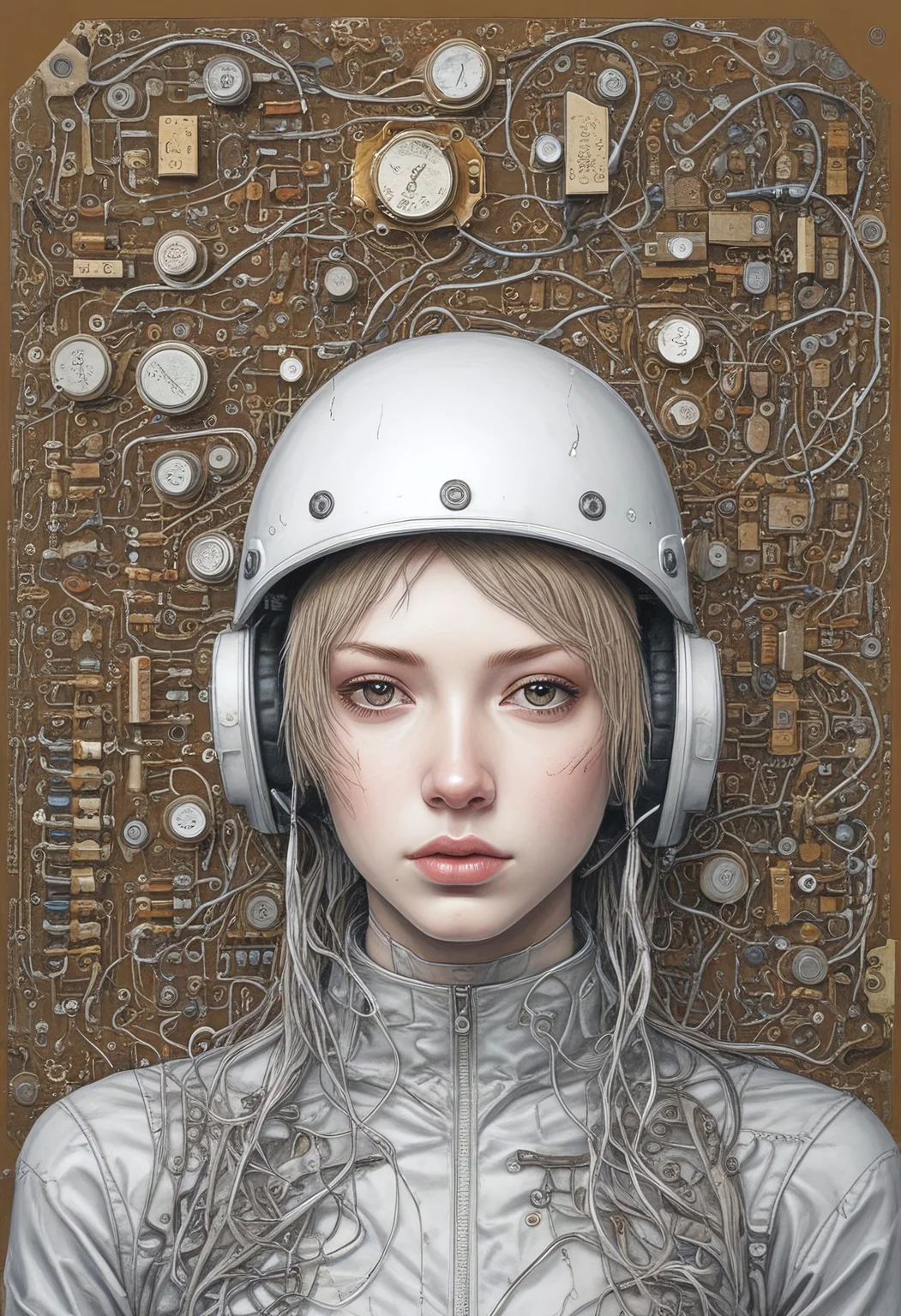 Blame by Tsutomu nihei, realistic, portrait, white girl, helmet, clock, english text, cables everywhere, electronics, gold plated, scenery, easynegative, deepnegative_v1_75t
