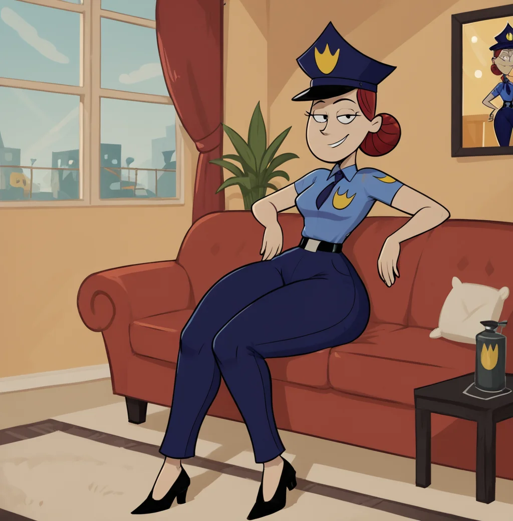 score_9, score_8_up, score_8,
<lora:Officer_Jones_aka._Mall_Cop_Fosters_Home_For_Imaginary_Friends_for_PonyXL:0.8> 1girl, officerj0nes, thick thighs, red hair, policewoman, hat, hair bun, sitting on couch, living room, window, pants, shoes, smile, parody