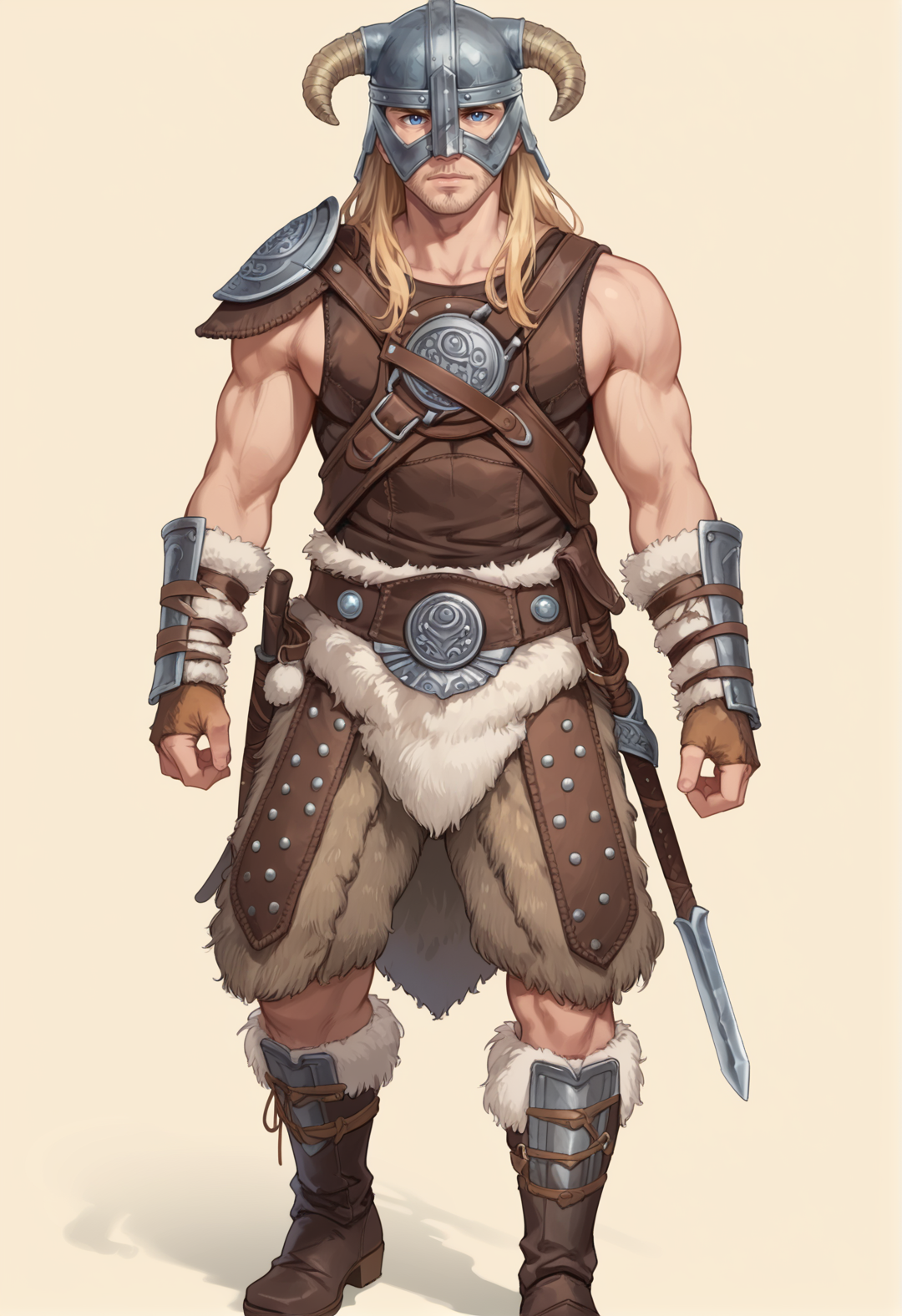(score_9:0.9),score_8_up,score_7_up,rating_safe,anime style,(zPDXL),<lora:Dovahkiin Armor ponyXL v1.5:0.74>,dovahkiin armor,1boy,horned helmet,solo,long hair,blonde hair,blue eyes,brown gauntlets,brown knee boots,shoulder armor,looking at viewer,muscular male,