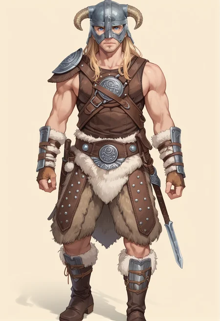 (score_9:0.9),score_8_up,score_7_up,rating_safe,anime style,(zPDXL),<lora:Dovahkiin Armor ponyXL v1.5:0.74>,dovahkiin armor,1boy,horned helmet,solo,long hair,blonde hair,blue eyes,brown gauntlets,brown knee boots,shoulder armor,looking at viewer,muscular male,
